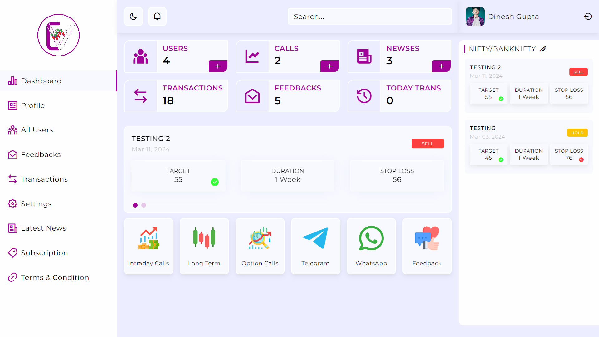 Admin dashboard